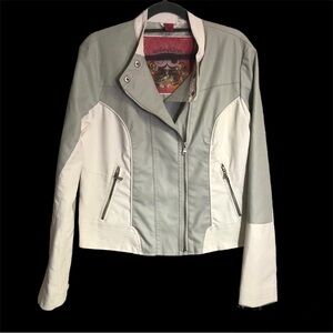 Collection B by Bernardo Grey Ivory Moto Biker Style Faux Leather Jacket sz L